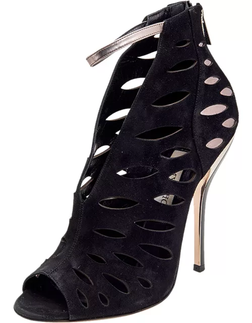 Jimmy Choo Black/Grey Suede And Leather Drift Cutout Peep Toe Bootie