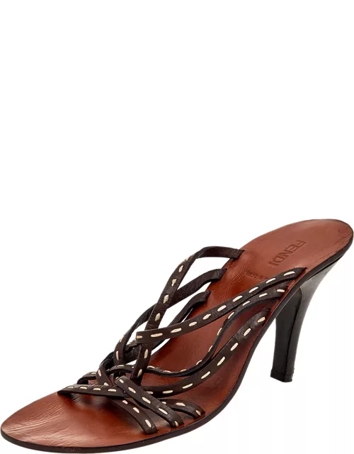 Fendi Dark Brown Leather Strappy Slide Sandal