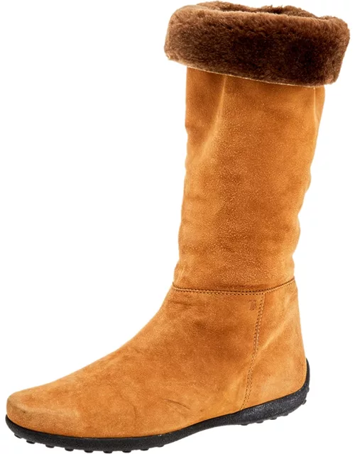 Tod's Yellow/Brown Suede And Fur Calf Length Boot