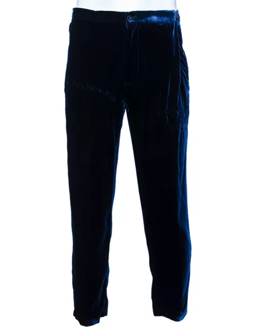 Emporio Armani Navy Blue Velvet Side Tightener Detail Pants