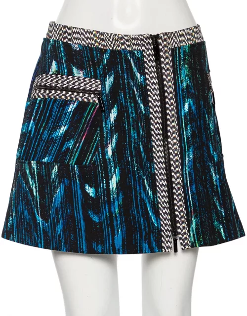 Kenzo Blue Distortion Print Synthetic Zip Front Mini Skirt