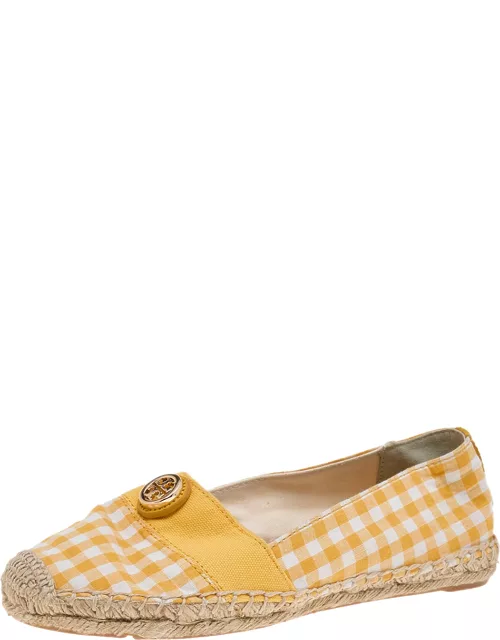 Tory Burch Yellow/White Gingham Fabric And Canvas Espadrille Flat