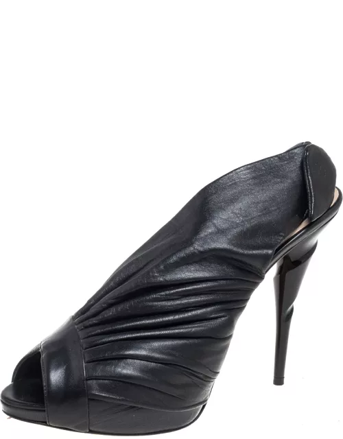 Dior Black Pleated Leather Peep-Toe D'orsay Bow Slingback Sandal