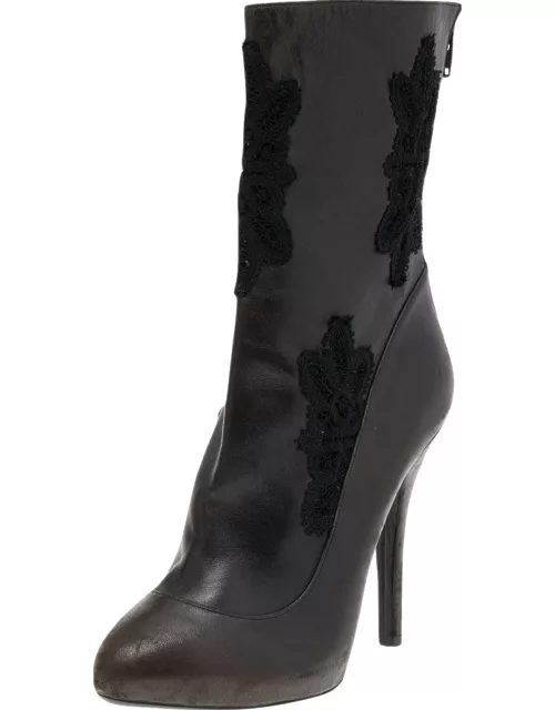 Dolce & Gabbana Dark Brown/Black Leather and Lace Ankle Boot