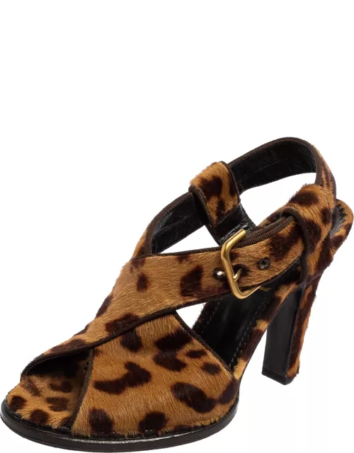 Saint Laurent Brown Leopard Print Calf Hair Slingback Sandal
