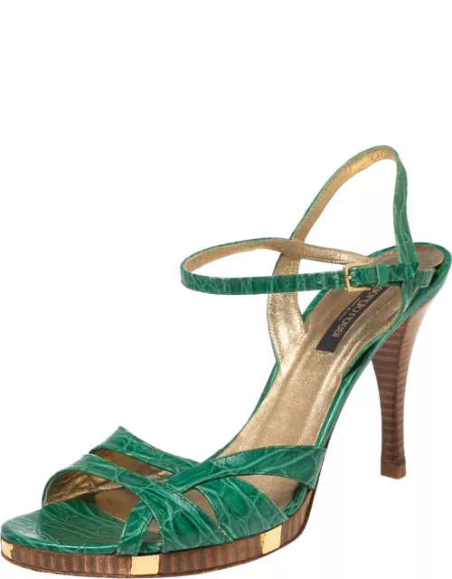 Sergio Rossi Green Croc Embossed Leather Ankle-Strap Sandal