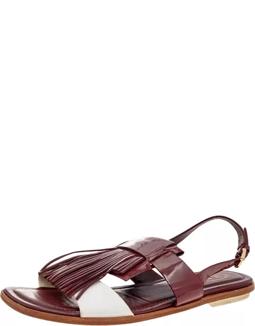 Tod's Burgundy/White Patent Leather And Leather Fringe Flat Sandal
