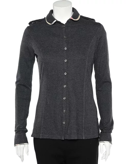 Burberry Grey Cotton Knit Long Sleeve Button Front Top