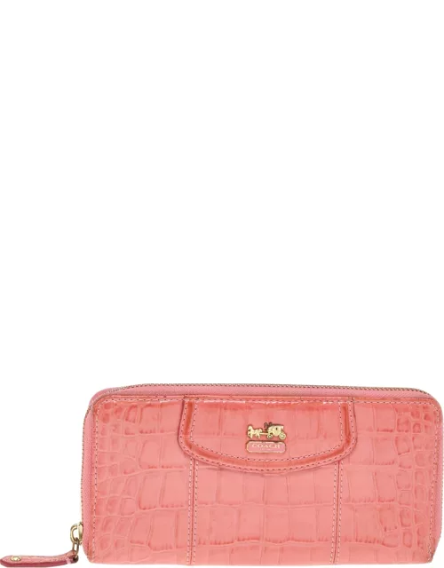 Coach Coral Pink Croc Embossed Leather Zip Around Wallet