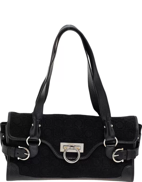 Salvatore Ferragamo Black Gancini Velvet And Leather Shoulder Bag
