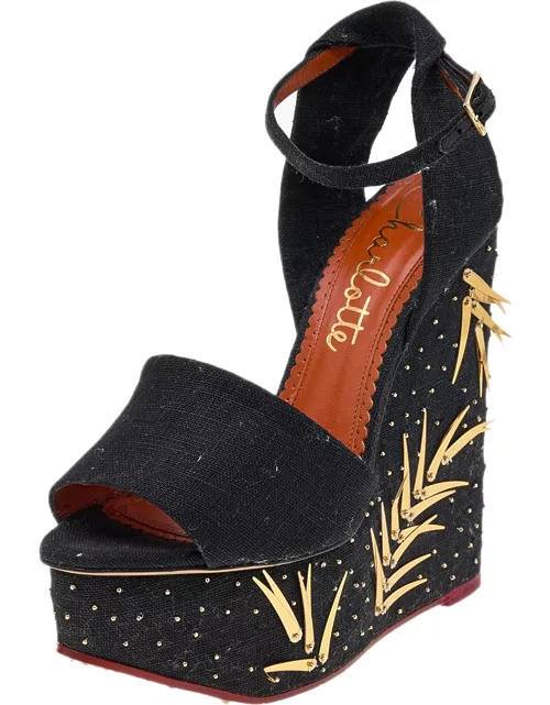 Charlotte Olympia Black Canvas Mischievous Embellished Platform Wedge Ankle Strap Sandal