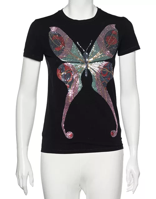 Emporio Armani Black Butterfly Print Cotton Sequins Top