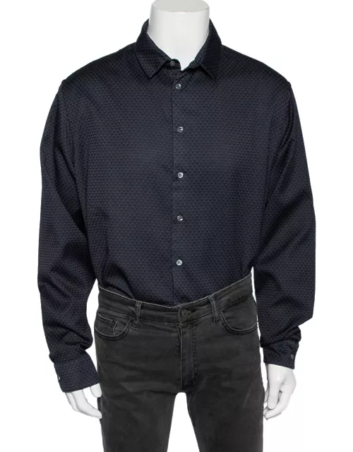 Giorgio Armani Navy Blue & Grey Printed Cotton Button Front Shirt