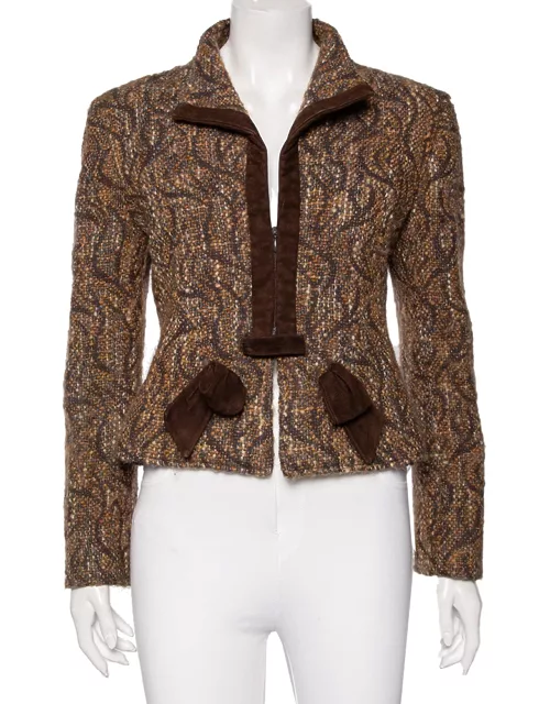 Valentino Brown Boucle Knit & Suede Trimmed Zip Front Jacket