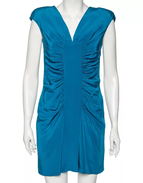 Elie Saab Blue Silk Ruched Detail Short Dress
