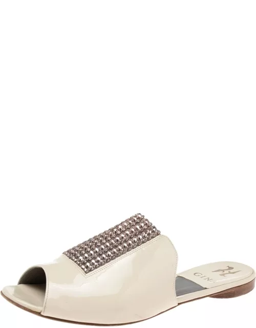 Gina Cream Patent Leather Crystal Embellished Slide Sandal
