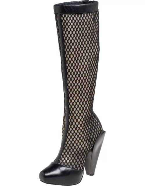 Versace Black Leather And Mesh Pointed Toe Knee Length Boot