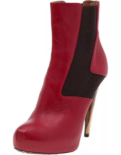 Fendi Red/Brown Leather And Stretch Fabric Platform Ankle Boot