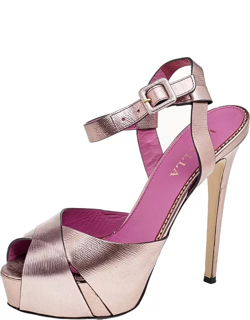 Le Silla Metallic Rose Gold Leather Criss Cross Platform Ankle Strap Sandal