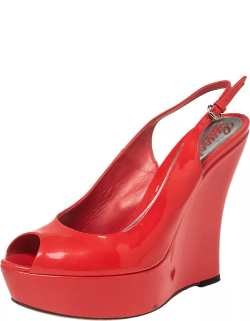Gucci Coral Red Patent Leather Peep-Toe Slingback Wedge Sandal