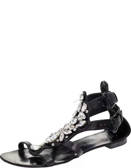 Giuseppe Zanotti Black Leather Crystal Embellished Ankle Strap Flat Sandal