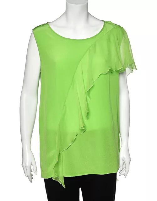 Versace Neon Green Silk Ruffled Sleeveless Top