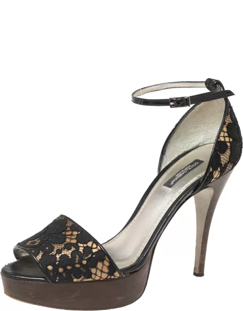 Dolce & Gabbana Black Lace and Satin Ankle-Strap Platform Sandal
