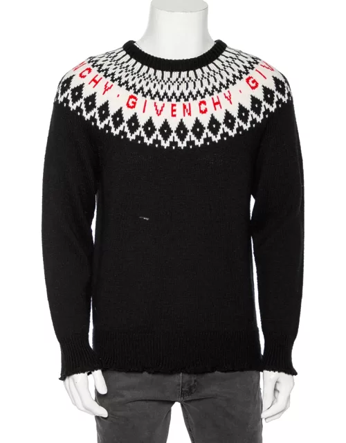 Givenchy Black Fair Isle Logo Knit Wool Frayed Edged Sweater