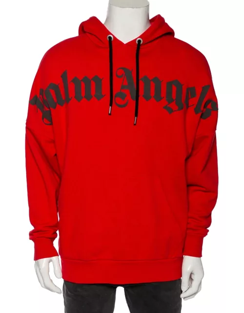 Palm Angels Red Cotton Logo Printed Hoodie