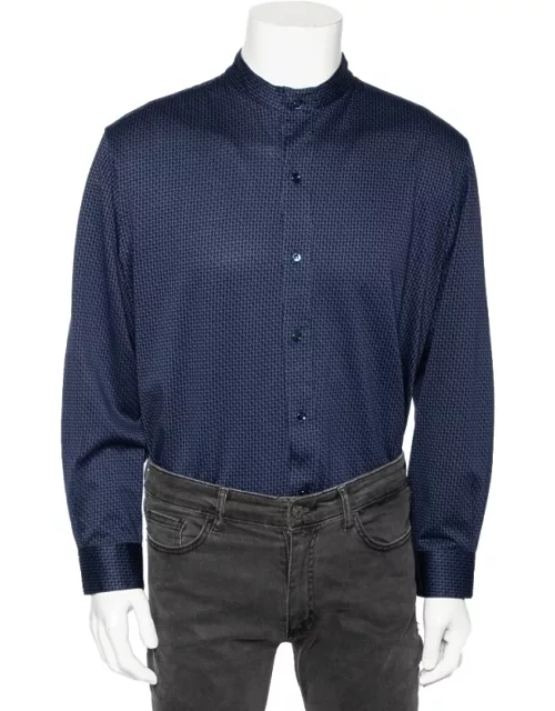 Giorgio Armani Navy Blue Printed Stretch Cotton Button Front Shirt