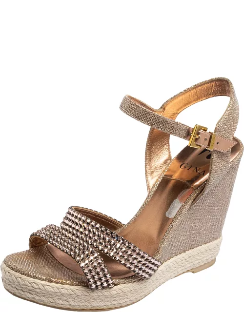 Gina Rose Gold Glitter and Crystal-Embellished Leather Espadrille Platform Wedge Sandal