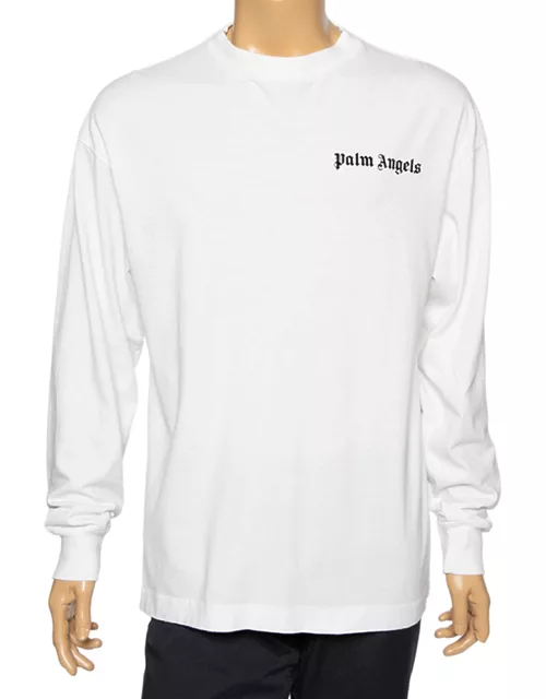 Palm Angels White Cotton Logo Printed Detail Long Sleeve Crewneck T-Shirt