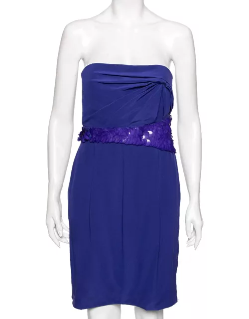 Versace Blue Crepe Embellished Detail Strapless Mini Dress