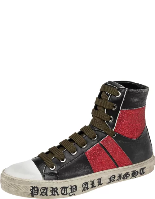 Amiri Black/Red Glitter And Leather Sunset Lace High Top Sneaker