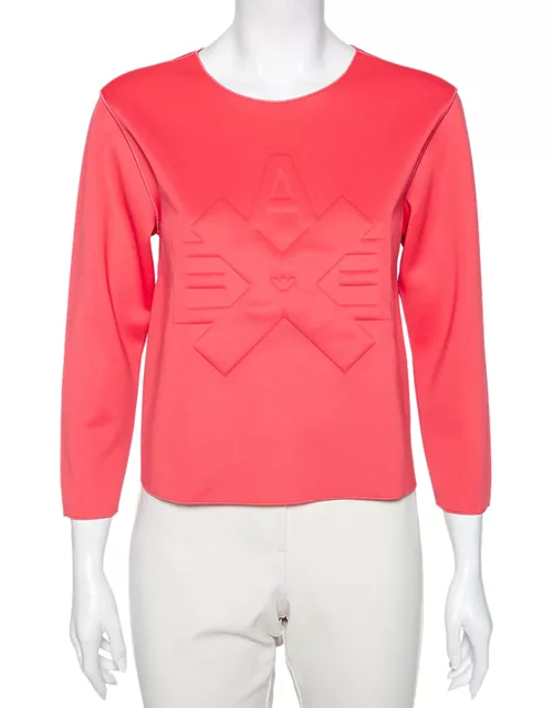Emporio Armani Pink Jersey Logo Embossed Long Sleeve Top