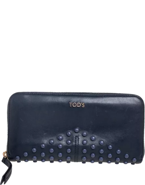 Tod's Navy Blue Leather Gommini Zip Around Continental Wallet