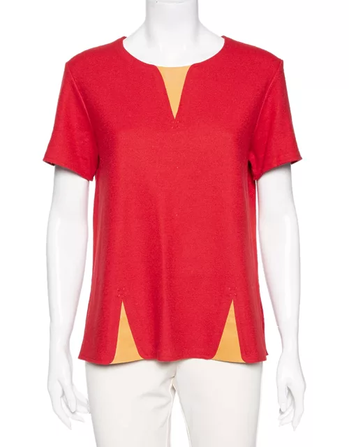 Fendi Red Wool & Leather Inset Detailed Short Sleeve Top