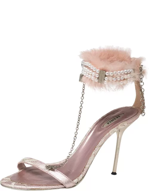 Le Silla Pink Lace and Pearl Chain Embellished Fur T-Strap Sandal