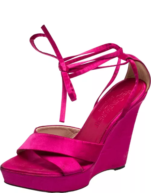 Saint Laurent Pink Satin Wedge Ankle Wrap Sandal