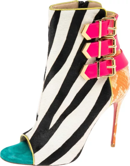 Christian Louboutin Multicolor Patent and Python Leather Zebra Print Calf Hair Triboclou Ankle Boot