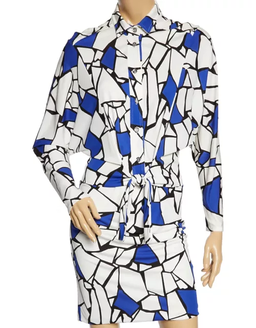 Gucci White & Blue Printed Jersey Front Tie Detail Draped Dress
