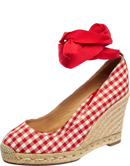 Christian Louboutin White/Red Canvas Espadrille Wedge Sandal