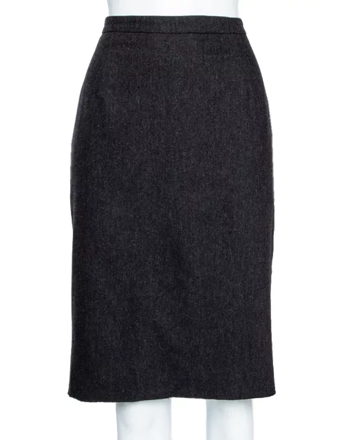 Max Mara Grey Wool Pleat Detailed Knee Length Skirt