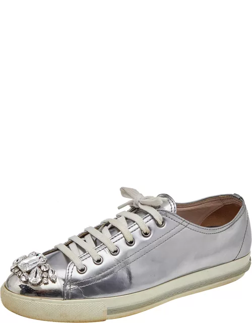 Miu Miu Silver Patent Leather Crystal Embellished Low Top Sneaker