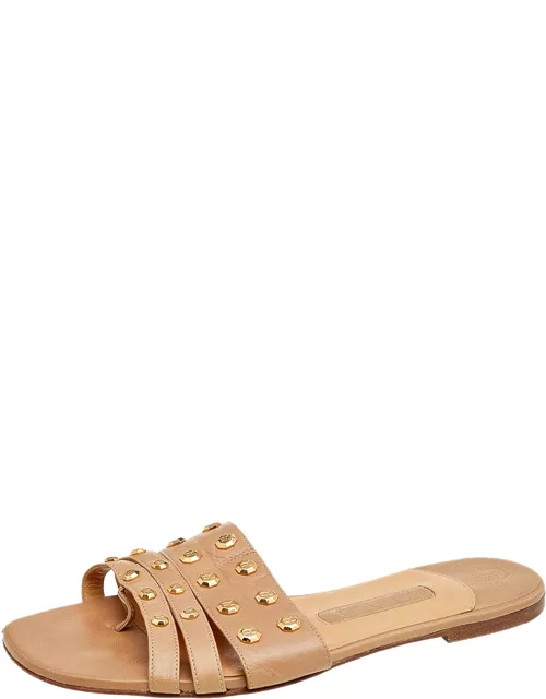 Gina Beige Leather Embellished Slide Sandal