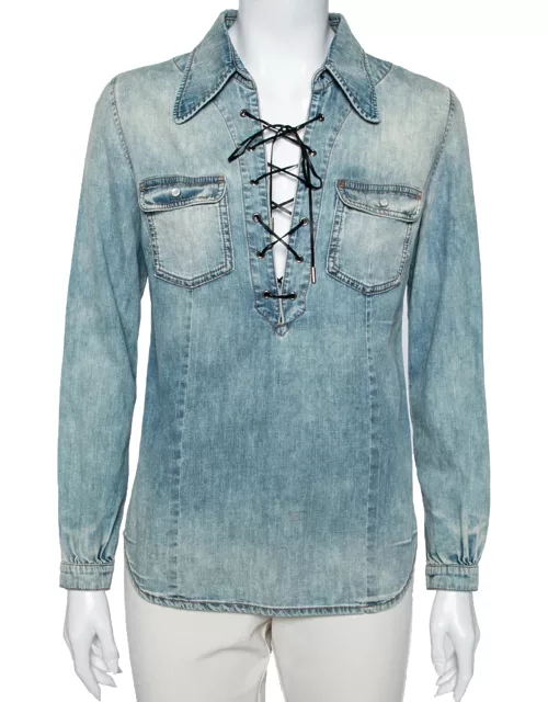 Roberto Cavalli Blue Denim Lace-Up Detail Long Sleeve Shirt