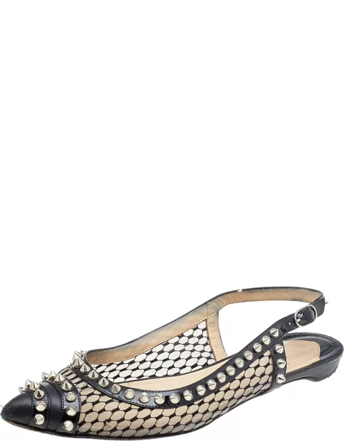 Christian Louboutin Black Leather And Mesh Spiked Flat Sandal