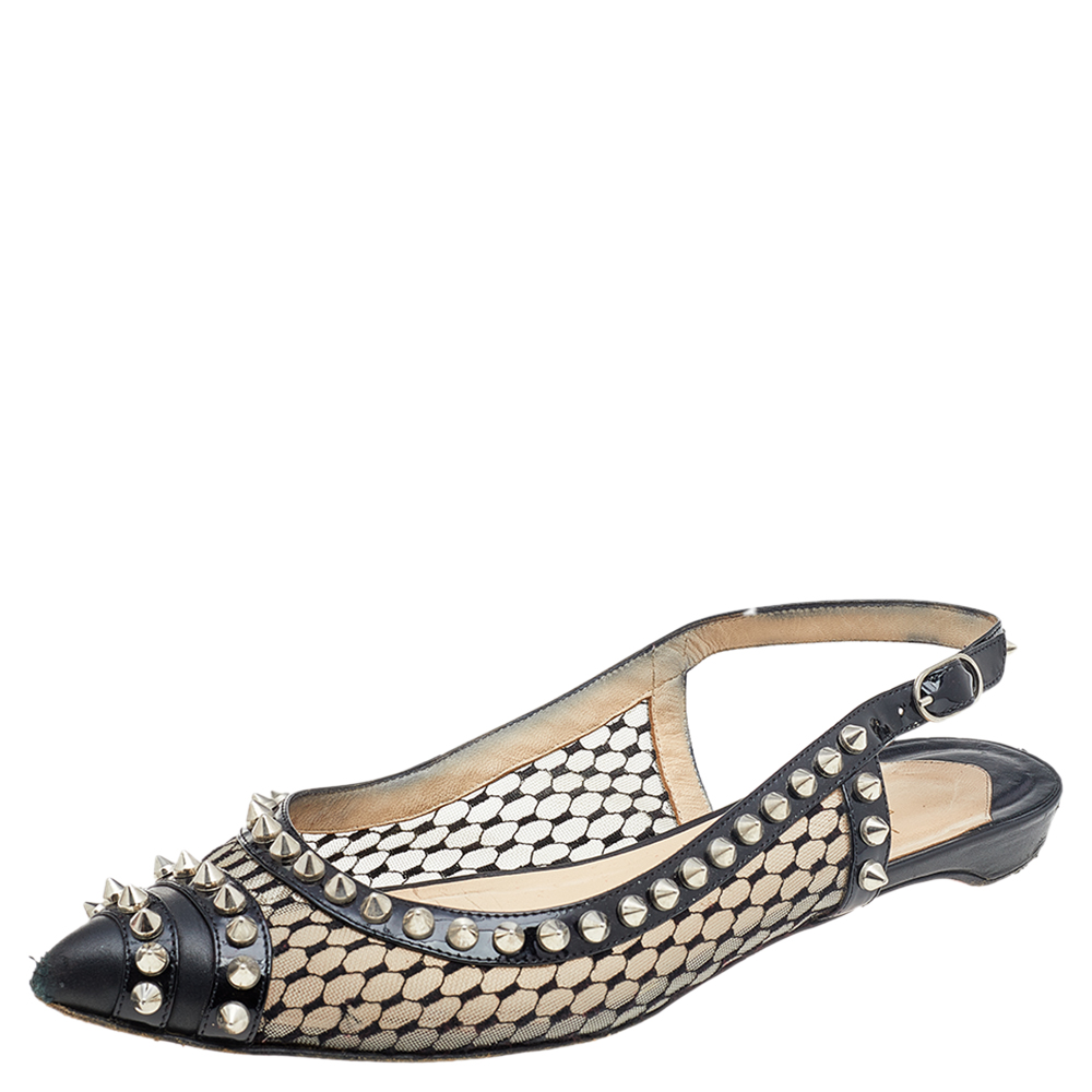 Christian Louboutin Black Leather And Mesh Spiked Flat Sandals