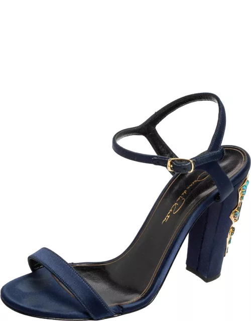 Oscar de la Renta Navy Blue Satin Lemmy Embellished Ankle Strap Sandal
