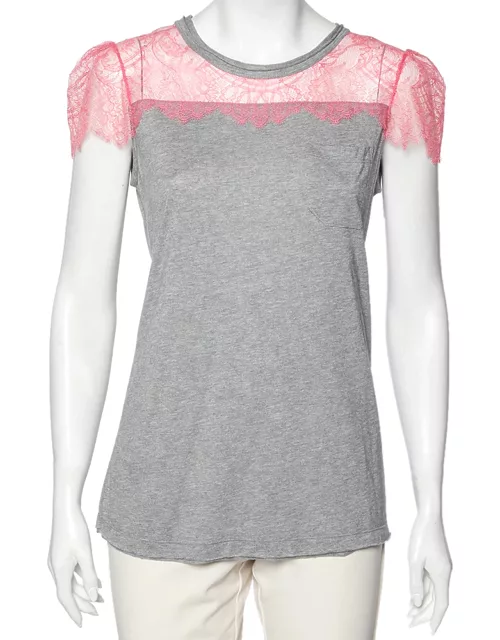 RED Valentino Grey Cotton & Lace Trimmed Pocket Detailed Top